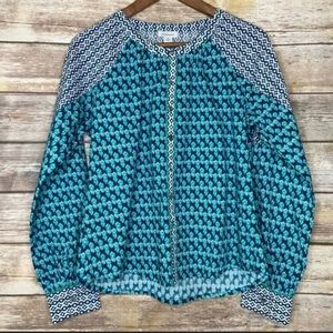 Sundance Turquoise Cotton Print Top Button Front Long Sleeve